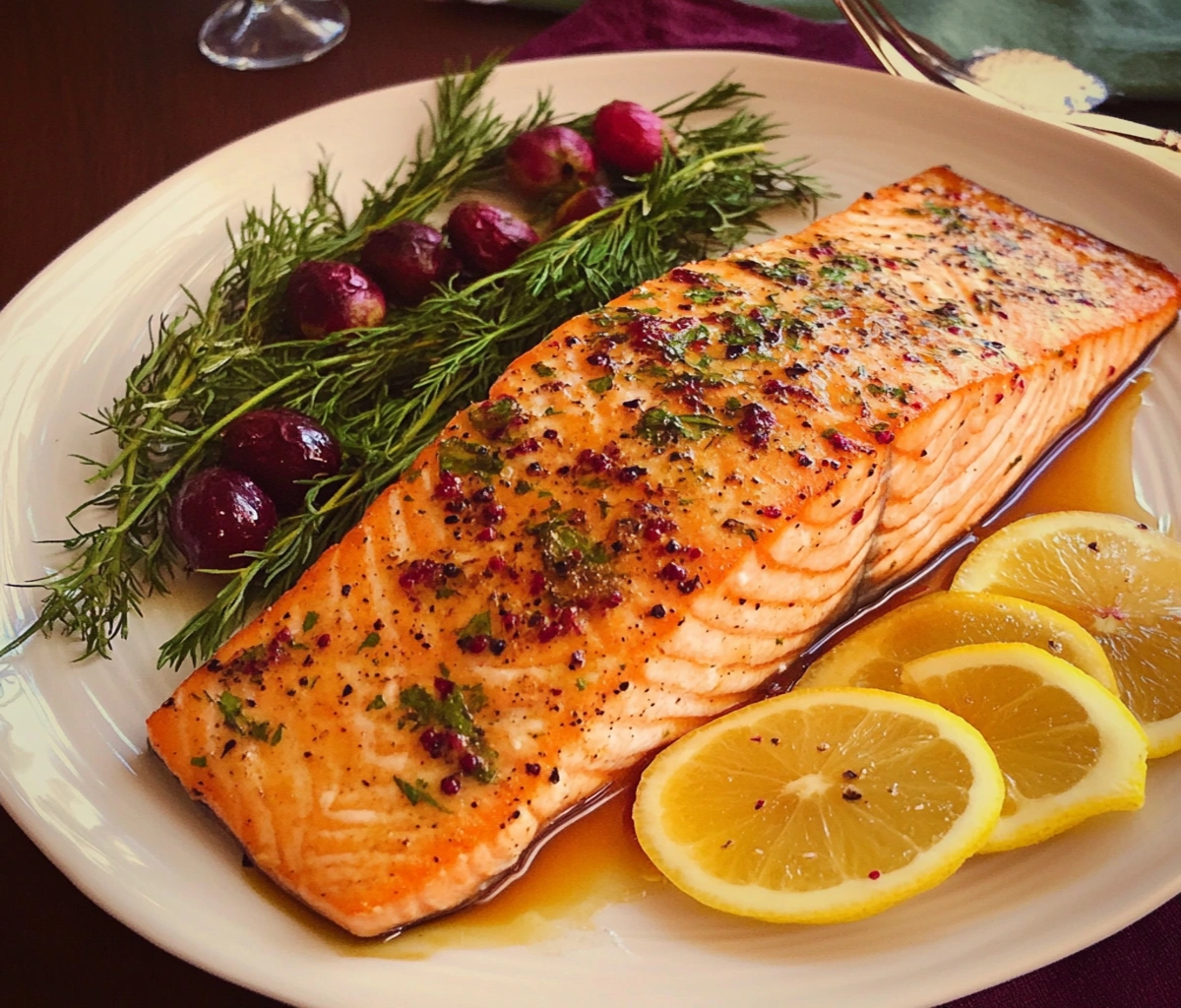 A perfectly cooked Coho Salmon fillet garnished with fresh herbs, cracked pepper, and red pepper flakes, served with roasted olives, fresh dill, and lemon slices on a white plate.