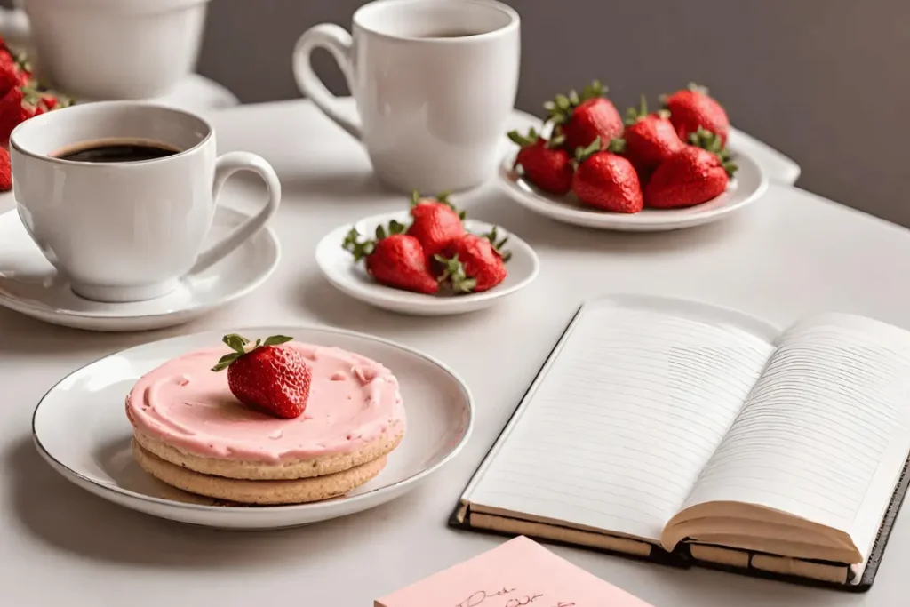 Plate of Strawberry Cheesecake Cookies with a notepad of FAQs