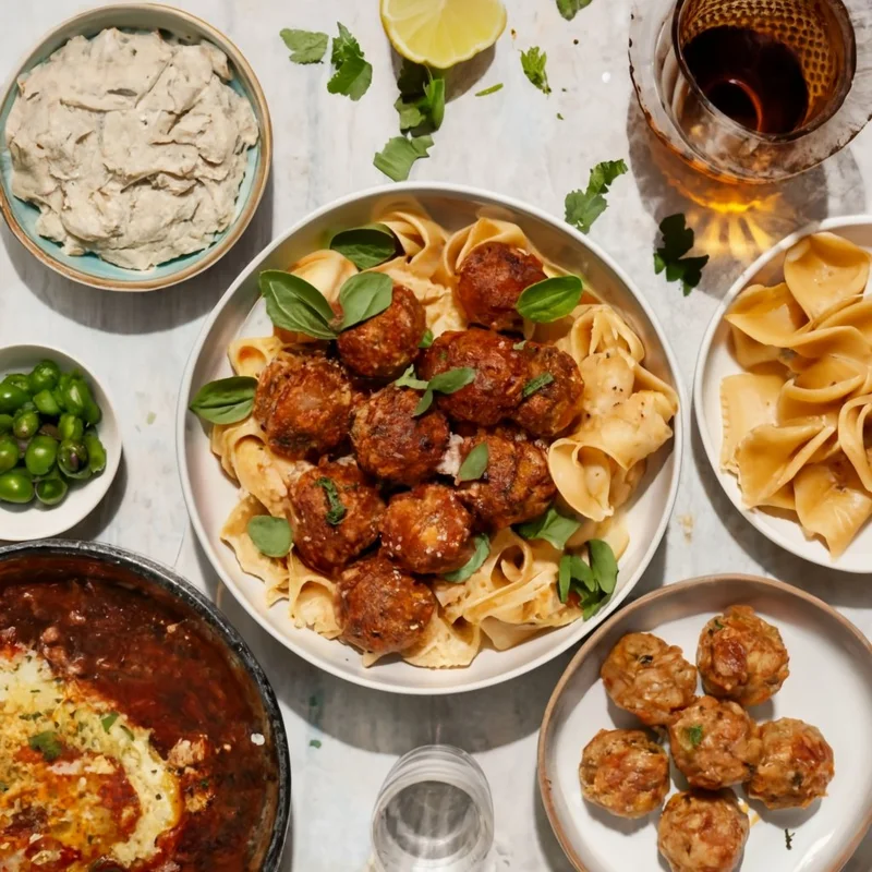 A beautifully arranged dinner table showcasing various serving ideas for recipe, including pasta dishes and appetizers