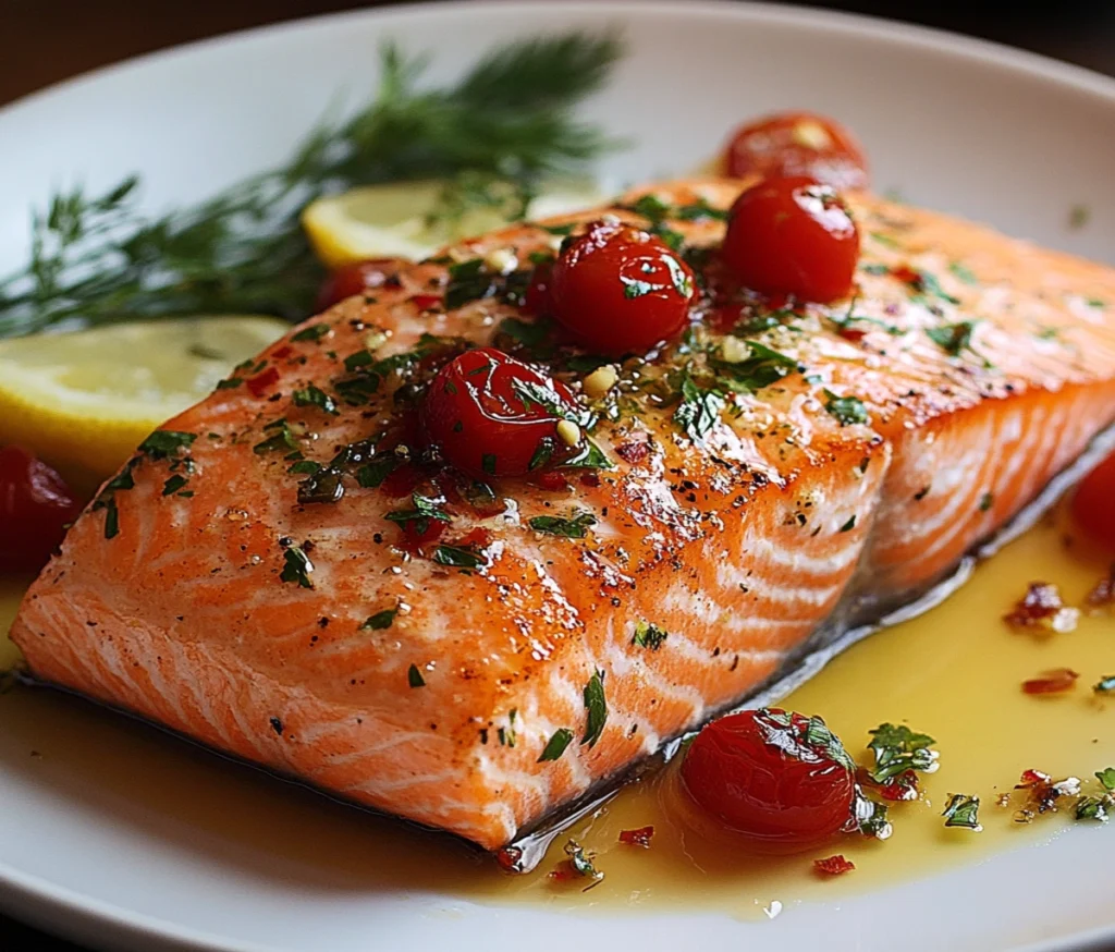 A beautifully plated grilled Coho Salmon fillet with a golden crust, garnished with fresh herbs and a lemon wedge, served alongside a side of roasted vegetables and quinoa.