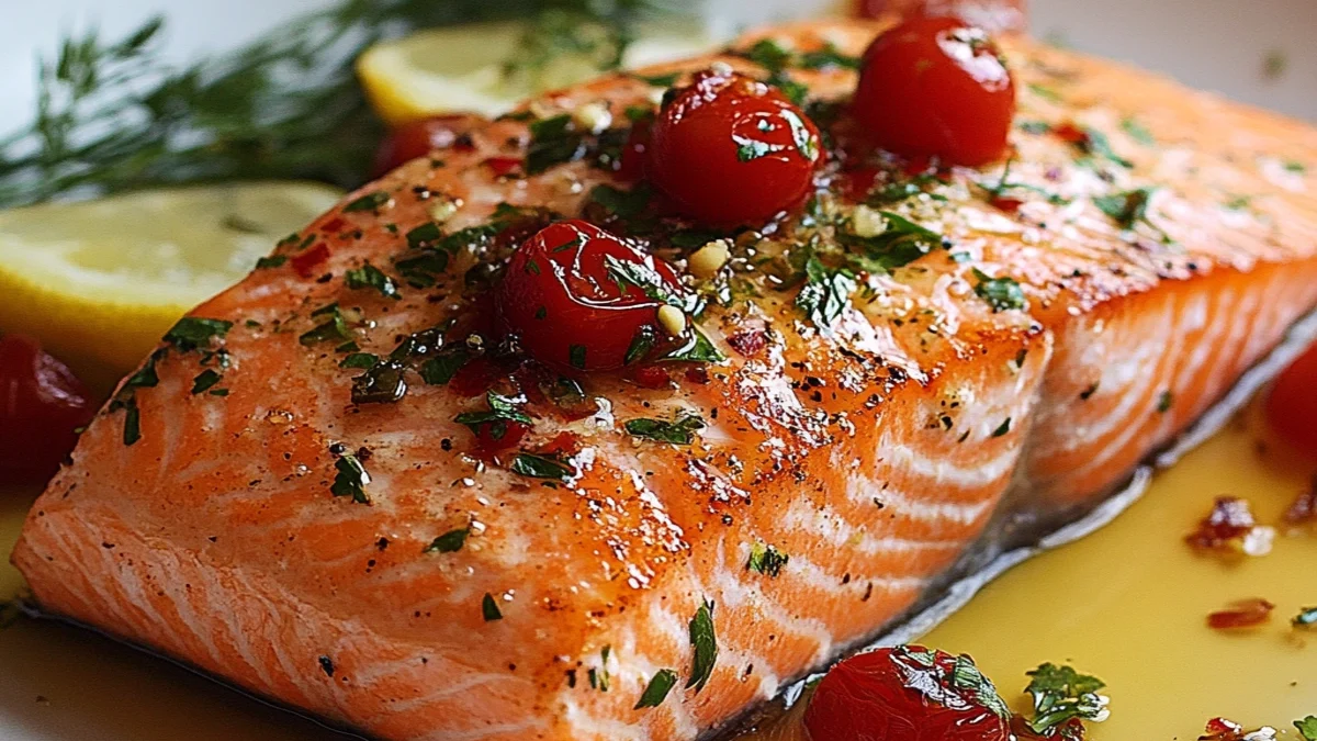 A beautifully plated grilled Coho Salmon fillet with a golden crust, garnished with fresh herbs and a lemon wedge, served alongside a side of roasted vegetables and quinoa.