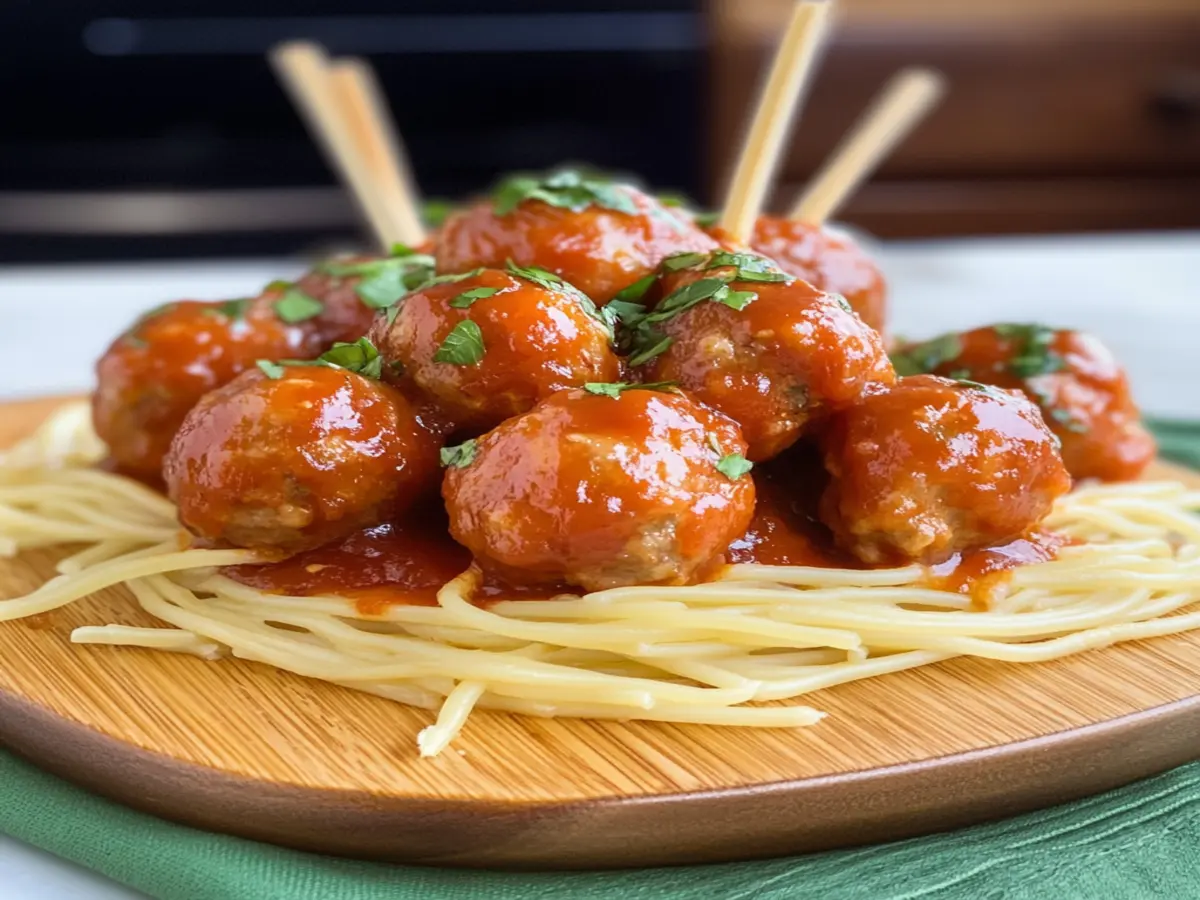 Gluten-free meatballs served on a plate with gluten-free pasta and marinara sauce, garnished with fresh parsley.