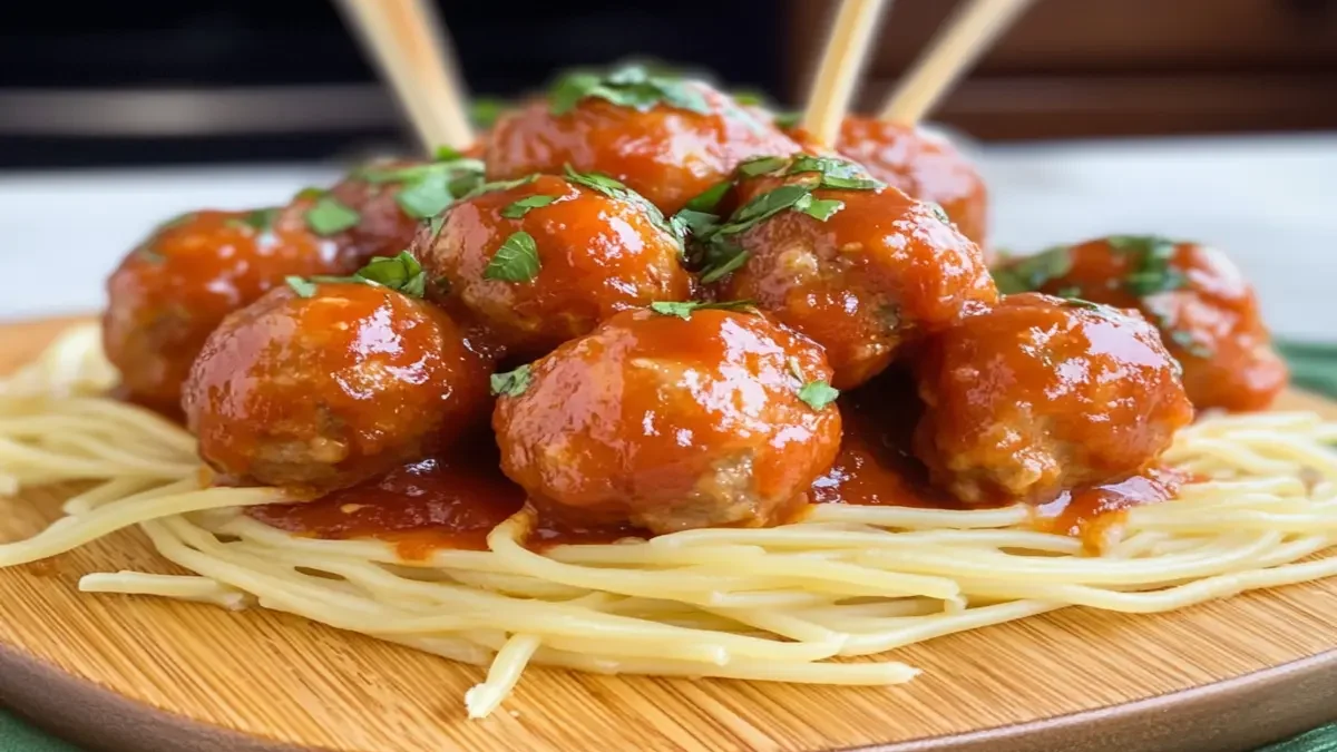 Gluten-free meatballs served on a plate with gluten-free pasta and marinara sauce, garnished with fresh parsley.