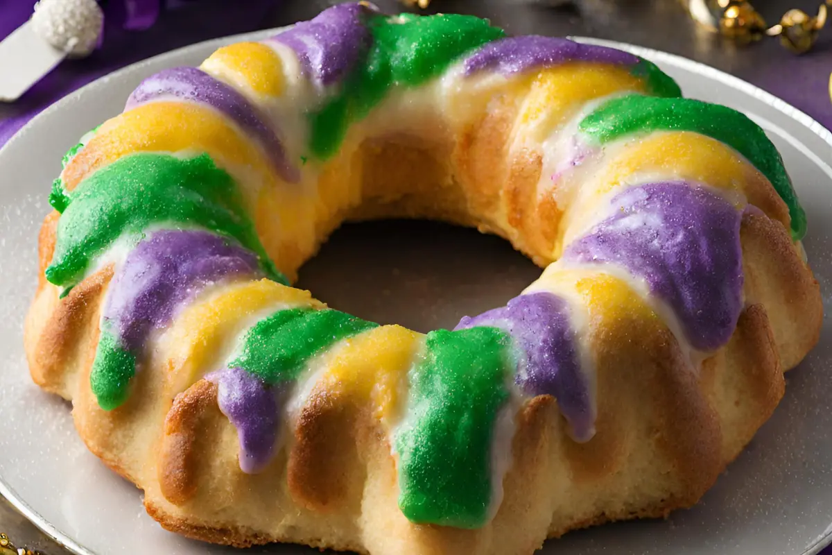 King Cake with purple, green, and gold toppings on a rustic table, surrounded by Mardi Gras beads and masks.