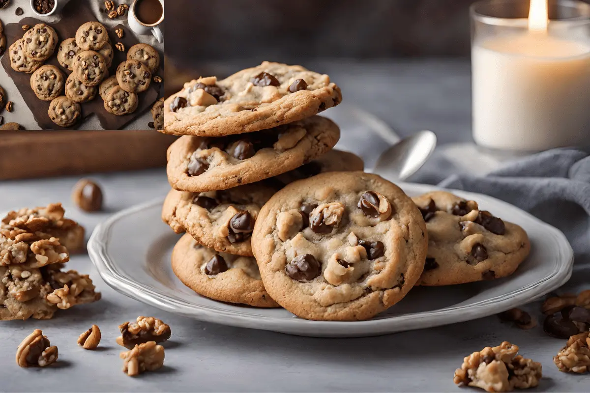 Assortment of freshly baked chocolate chip walnut cookies