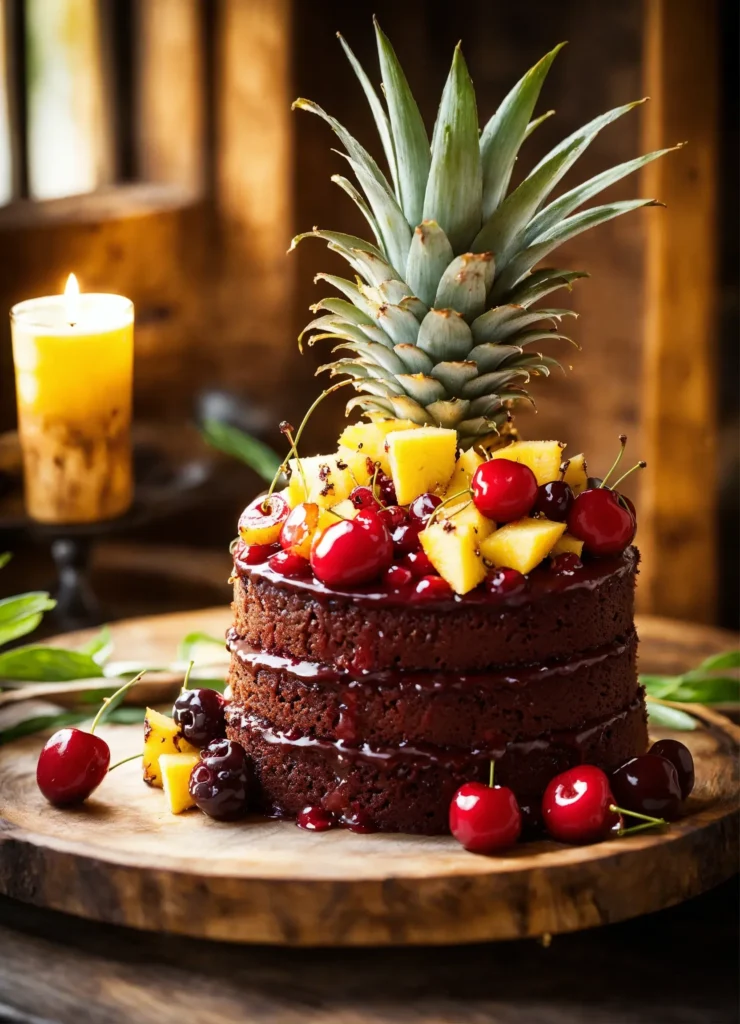 Pineapple Upside Down Cake on wooden table with kitchen background