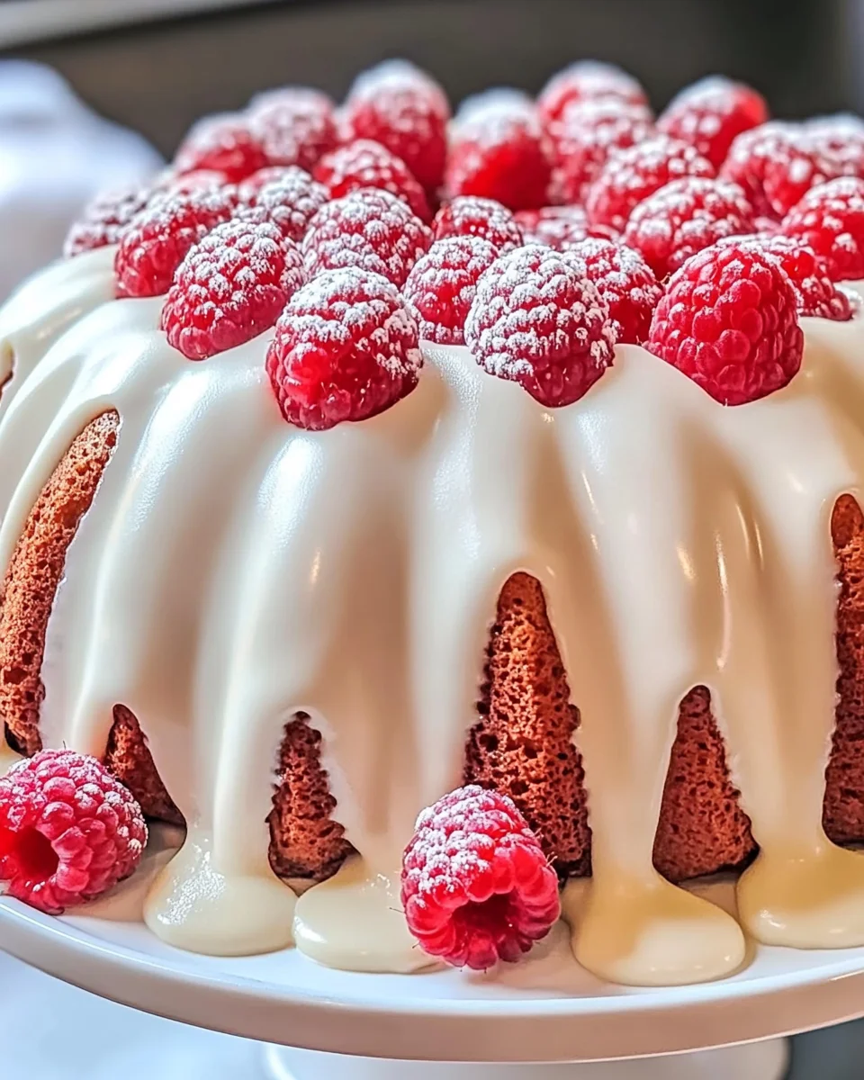 White Chocolate Raspberry Bundt Cake with fresh raspberries and white chocolate drizzle