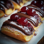 Cherry jelly and chocolate cream eclairs on a plate, garnished with chocolate drizzle.