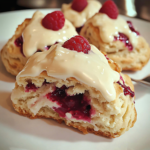 Close-up of raspberry white chocolate scones topped with fresh raspberries and drizzled with white chocolate glaze