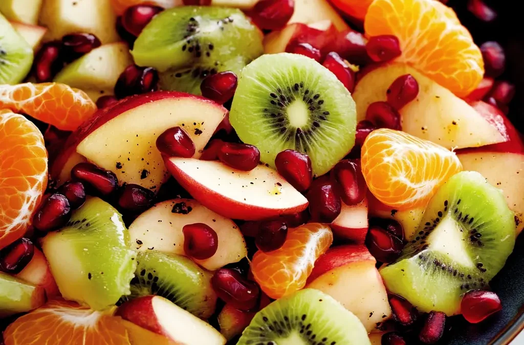 A colorful winter fruit salad with apples, mandarins, kiwis, grapes, and pomegranate seeds, drizzled with citrus honey dressing in a white bowl.