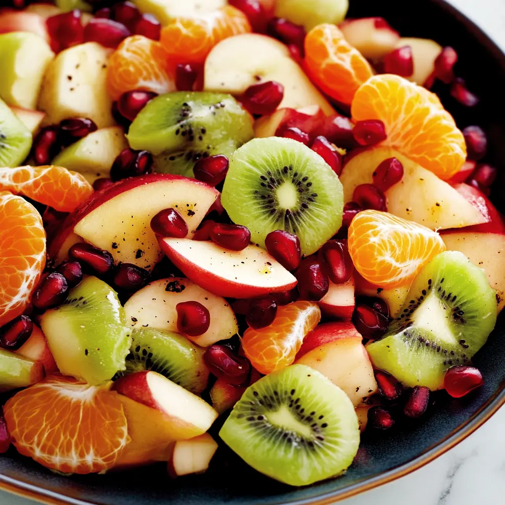 A colorful winter fruit salad with apples, mandarins, kiwis, grapes, and pomegranate seeds, drizzled with citrus honey dressing in a white bowl.