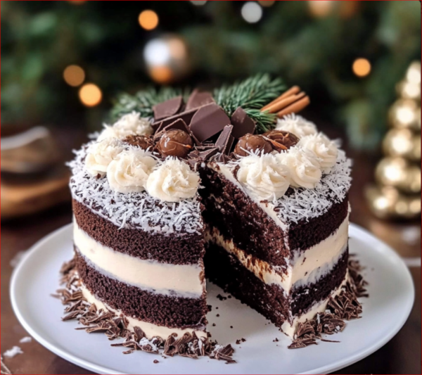 Festive Chocolate Coconut Christmas Cake with coconut filling and chocolate glaze, garnished with shredded coconut and edible gold stars.