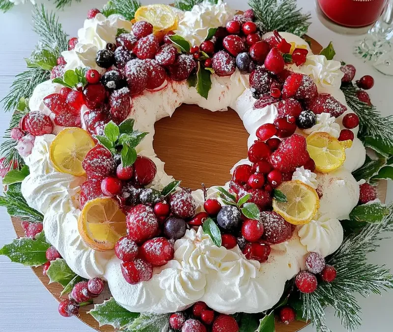 A festive Christmas Mini Pavlova Wreath topped with whipped cream, fresh mixed berries, and mint leaves, placed on a rustic wooden table adorned with holiday decorations.