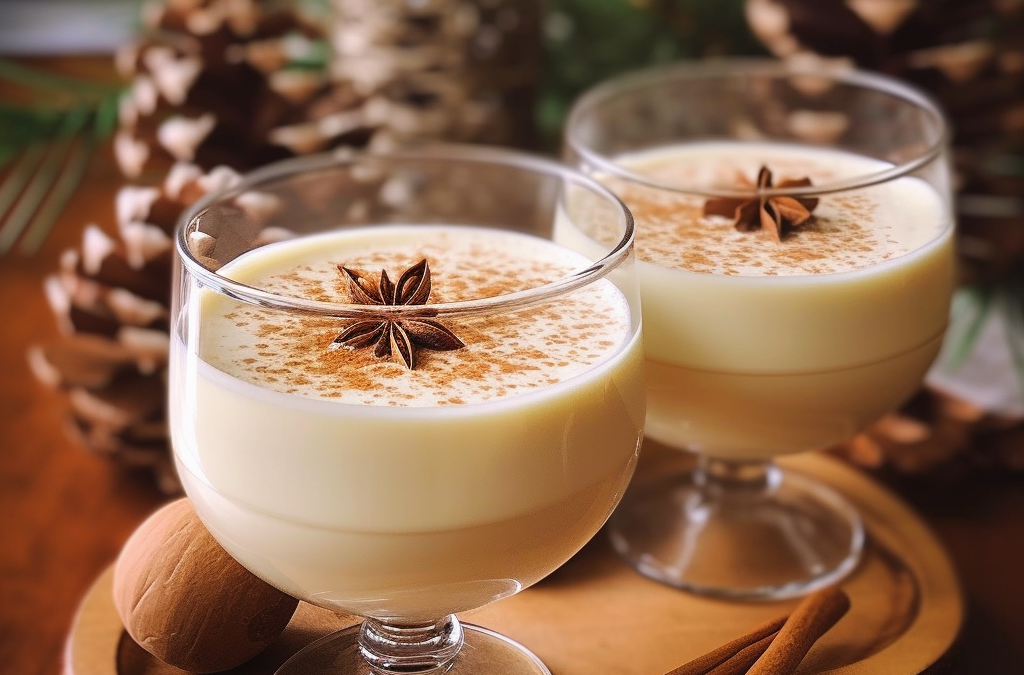 A glass of creamy Coconut Hazelnut Eggnog topped with whipped cream and toasted coconut flakes, surrounded by festive holiday decorations.