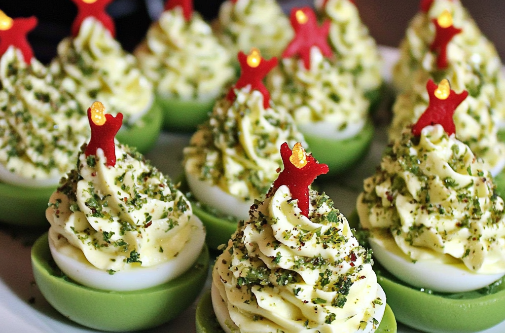 Festive Deviled Egg Christmas Trees arranged on a holiday platter, featuring creamy green filling, red pepper ornaments, chive garnish, and star-shaped cheese toppers.