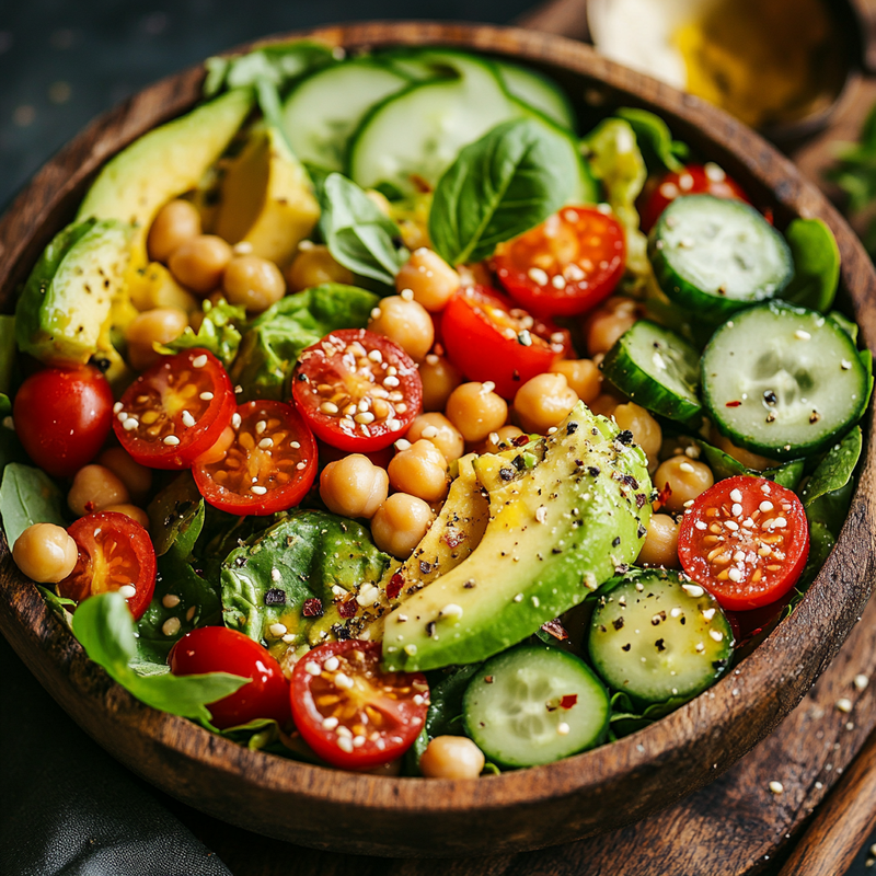 Vibrant, fresh salad with leafy greens, cherry tomatoes, cucumbers, avocado, and chickpeas