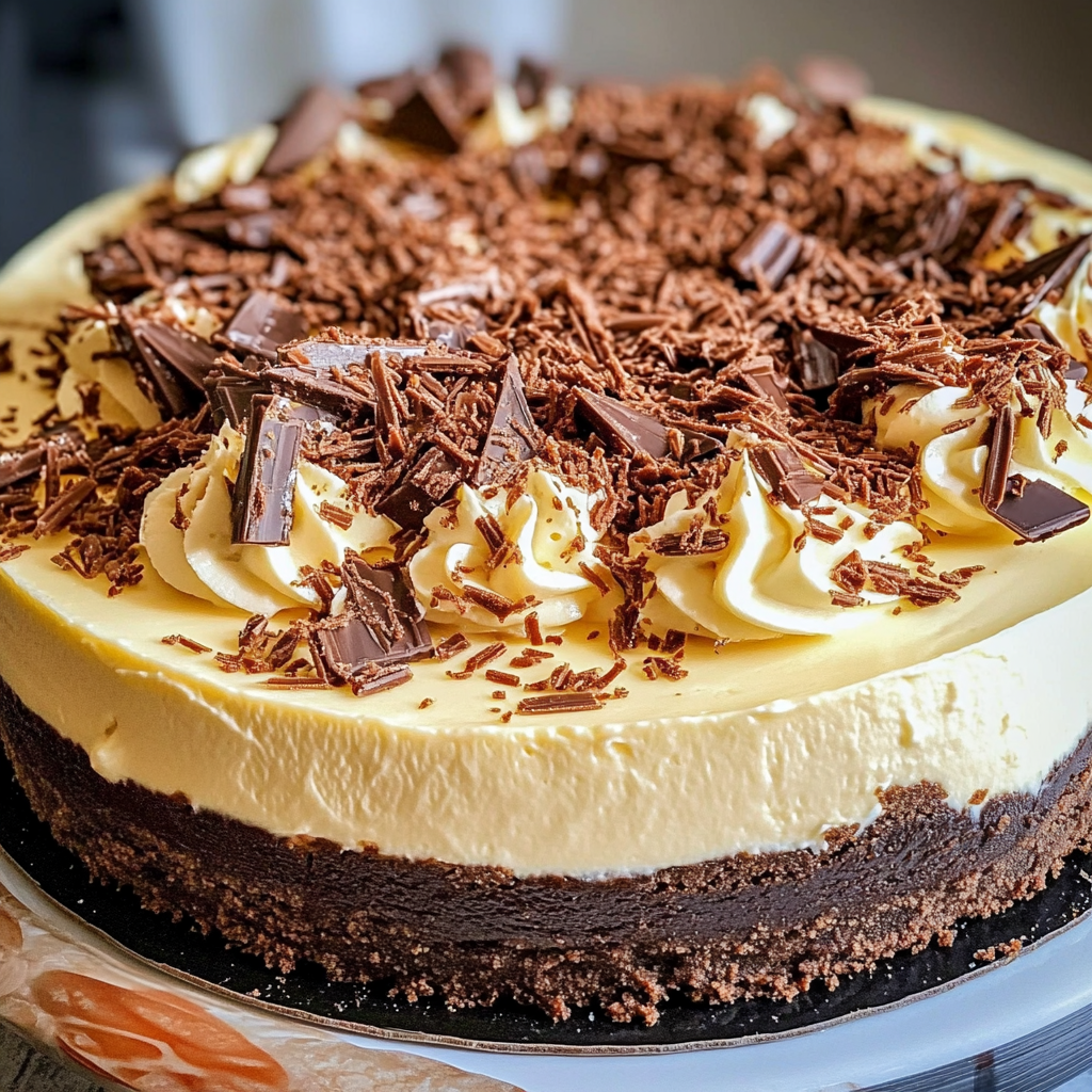 A decadent millionaire cheesecake topped with chocolate shavings on a biscuit base, layered with salted caramel and creamy cheesecake filling.