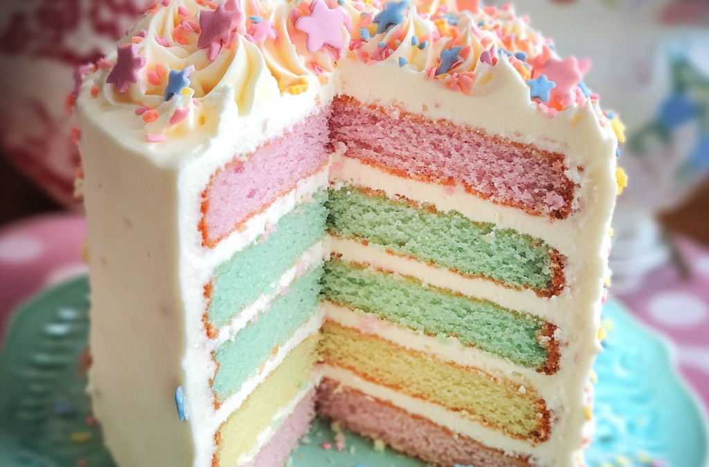 A beautifully decorated pastel layer cake with four vibrant pastel-colored layers and creamy buttercream frosting, adorned with sprinkles and flowers.