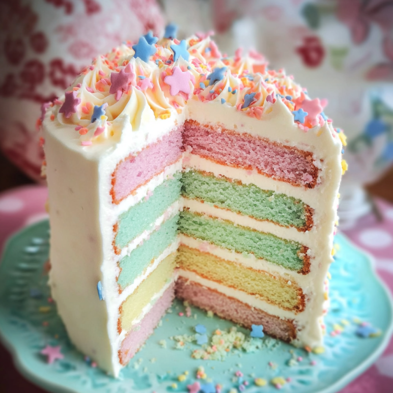 A beautifully decorated pastel layer cake with four vibrant pastel-colored layers and creamy buttercream frosting, adorned with sprinkles and flowers.