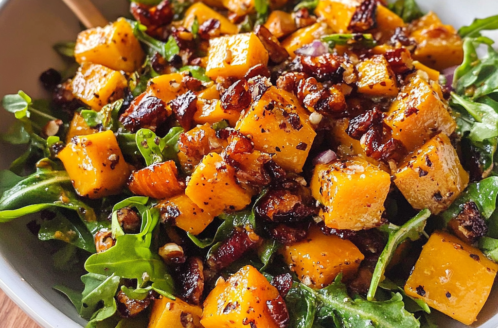 Roasted Butternut Squash Salad with greens, pomegranate seeds, toasted nuts, and maple vinaigrette