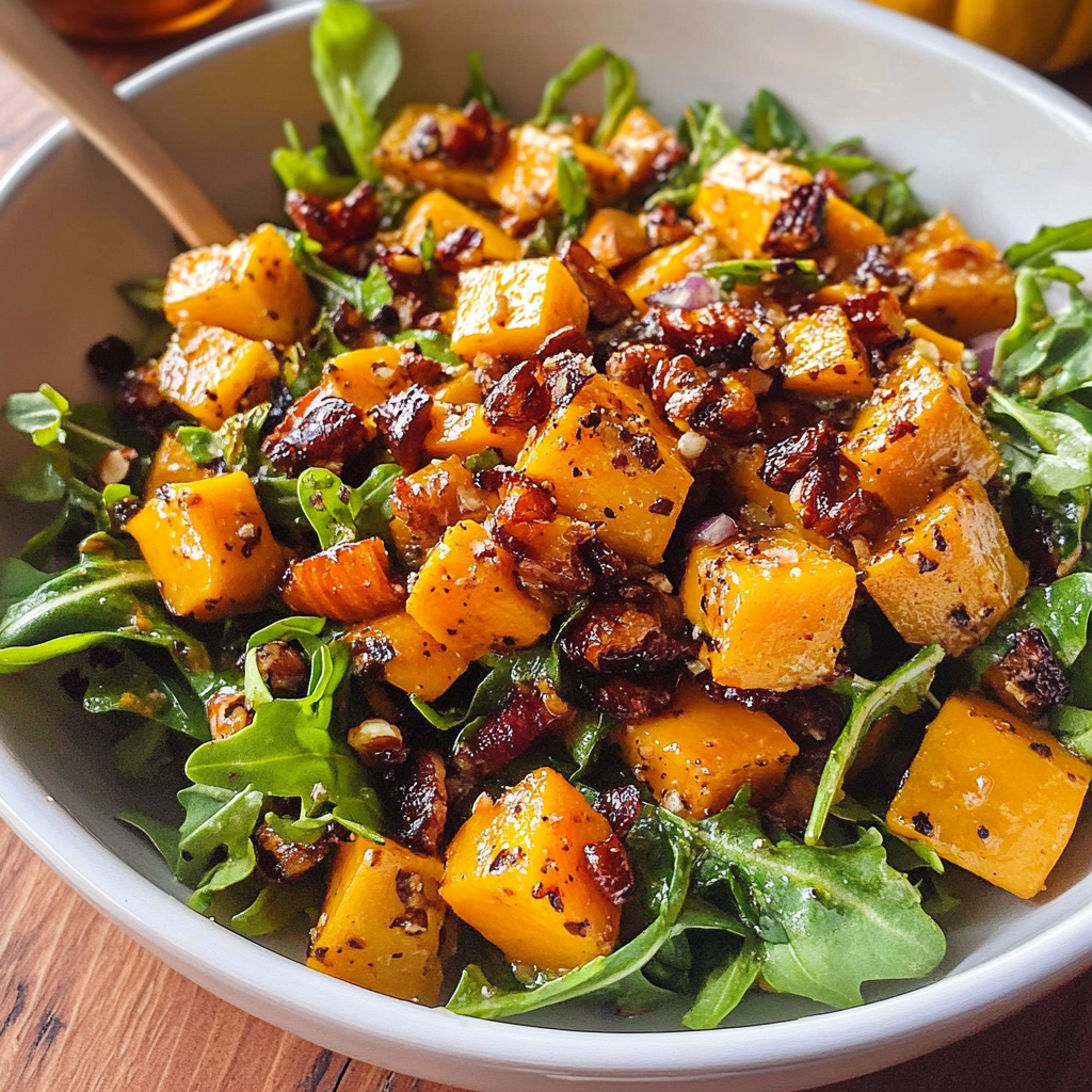 Roasted Butternut Squash Salad with greens, pomegranate seeds, toasted nuts, and maple vinaigrette