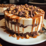 Close-up of a delicious Snickers ice cream cake with layers of vanilla ice cream, caramel, chocolate fudge, chopped Snickers bars, and roasted peanuts.