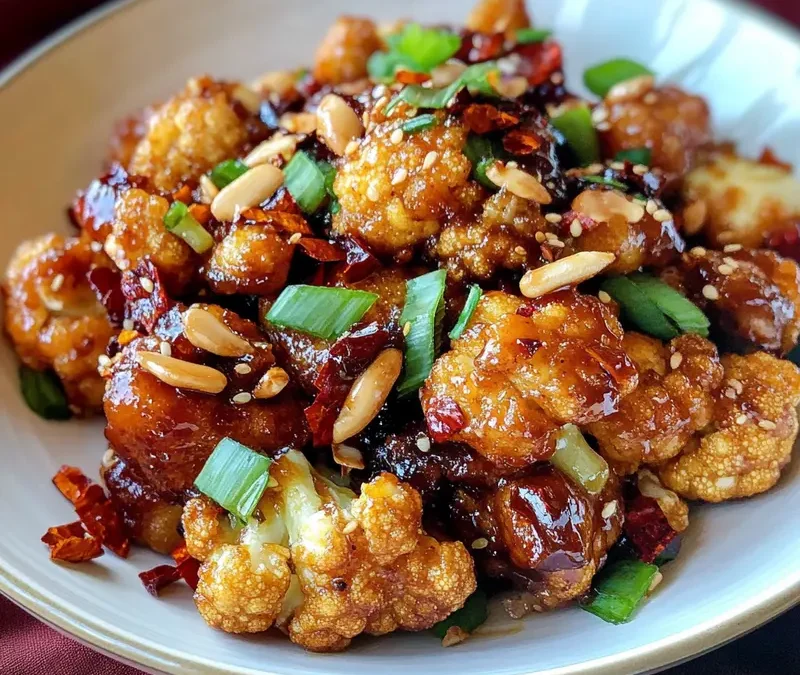 A delicious plate of Spicy Crispy Kung Pao Cauliflower served with roasted peanuts, green onions, and a vibrant stir-fry sauce, garnished with a few dried red chilies.