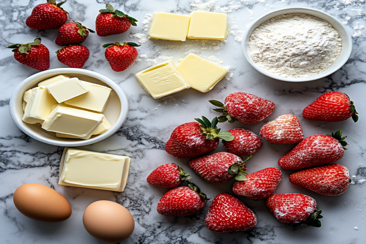 A selection of ingredients for a White Chocolate Strawberry Tart, including white chocolate, fresh strawberries, butter, flour, and eggs, neatly arranged on a marble countertop, with soft natural light streaming through a window.