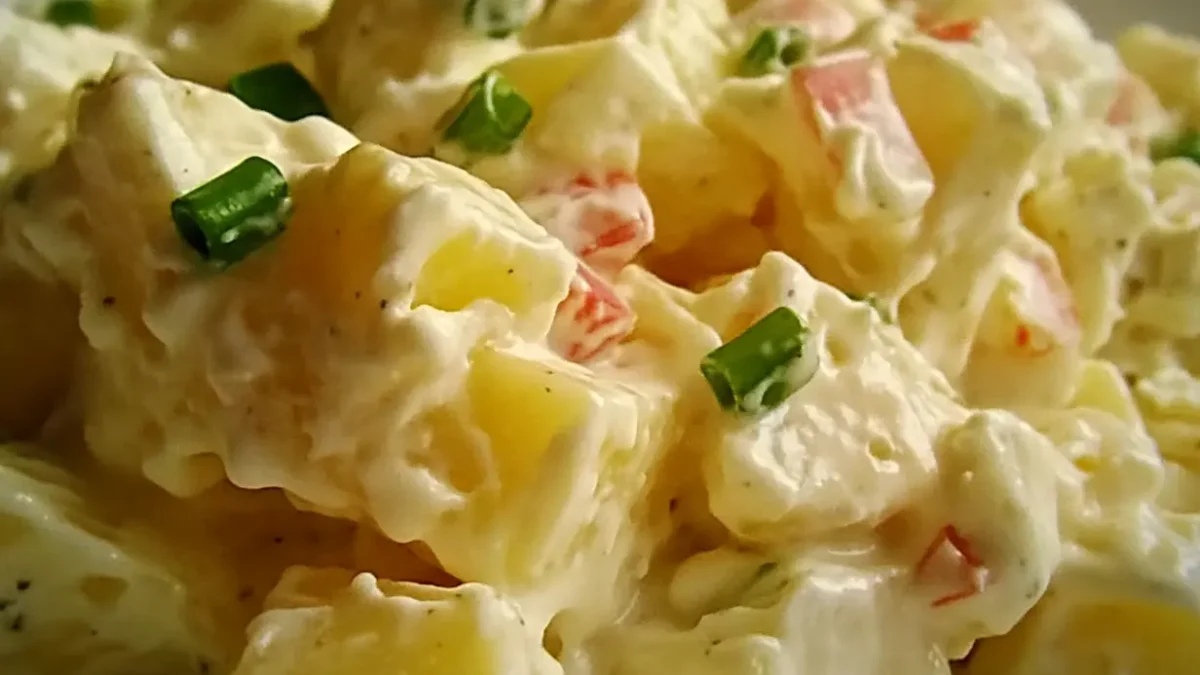 Classic American potato salad served in a bowl, garnished with fresh parsley and sliced scallions.