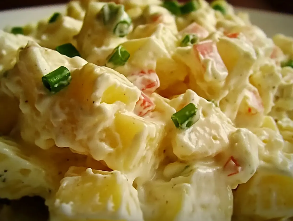 Classic American potato salad served in a bowl, garnished with fresh parsley and sliced scallions.