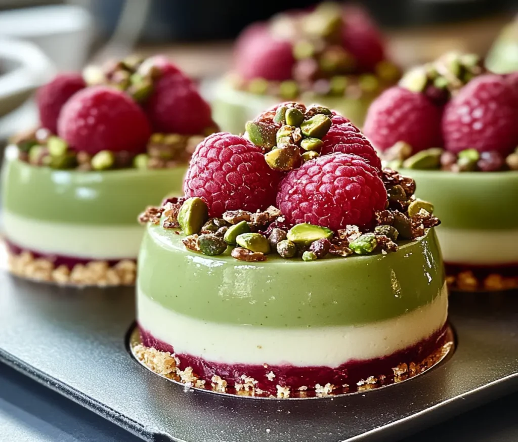 A beautifully plated Pistachio & Raspberry Cheesecake Dome, featuring a smooth green pistachio mousse, a vibrant raspberry jelly center, and a delicate biscuit base. Garnished with fresh raspberries, crushed pistachios, and white chocolate shavings for an elegant presentation.