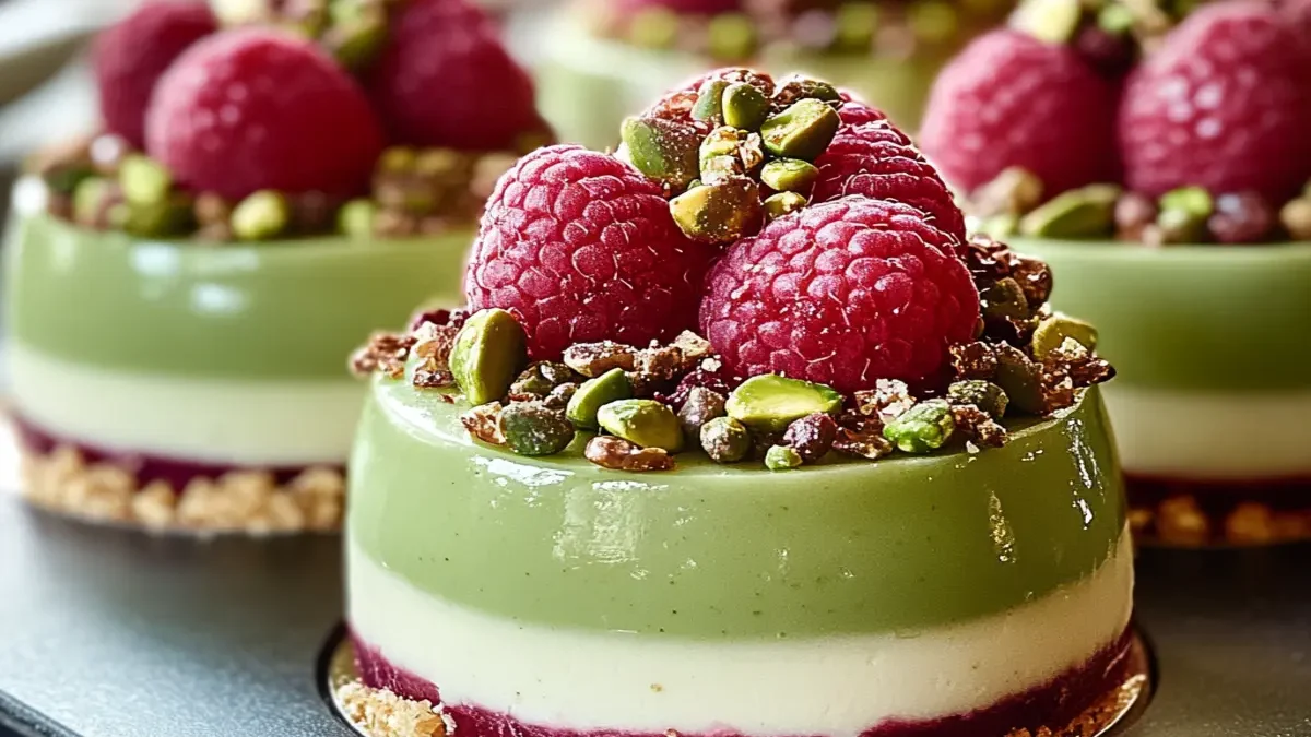 A beautifully plated Pistachio & Raspberry Cheesecake Dome, featuring a smooth green pistachio mousse, a vibrant raspberry jelly center, and a delicate biscuit base. Garnished with fresh raspberries, crushed pistachios, and white chocolate shavings for an elegant presentation.