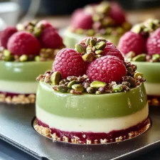 A beautifully plated Pistachio & Raspberry Cheesecake Dome, featuring a smooth green pistachio mousse, a vibrant raspberry jelly center, and a delicate biscuit base. Garnished with fresh raspberries, crushed pistachios, and white chocolate shavings for an elegant presentation.