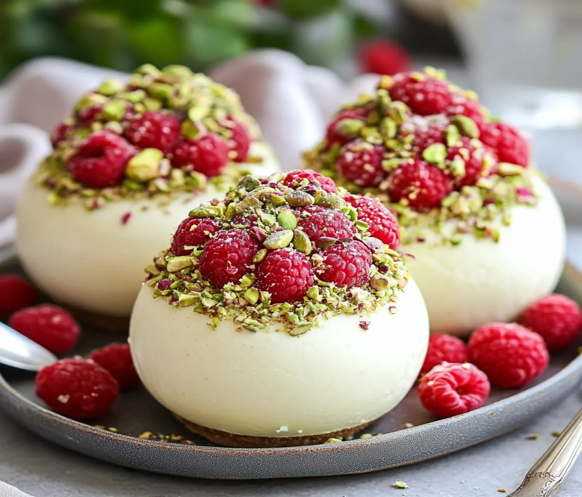 A beautifully plated Pistachio & Raspberry Cheesecake Dome, featuring a smooth green pistachio mousse, a vibrant raspberry jelly center, and a delicate biscuit base. Garnished with fresh raspberries, crushed pistachios, and white chocolate shavings for an elegant presentation.