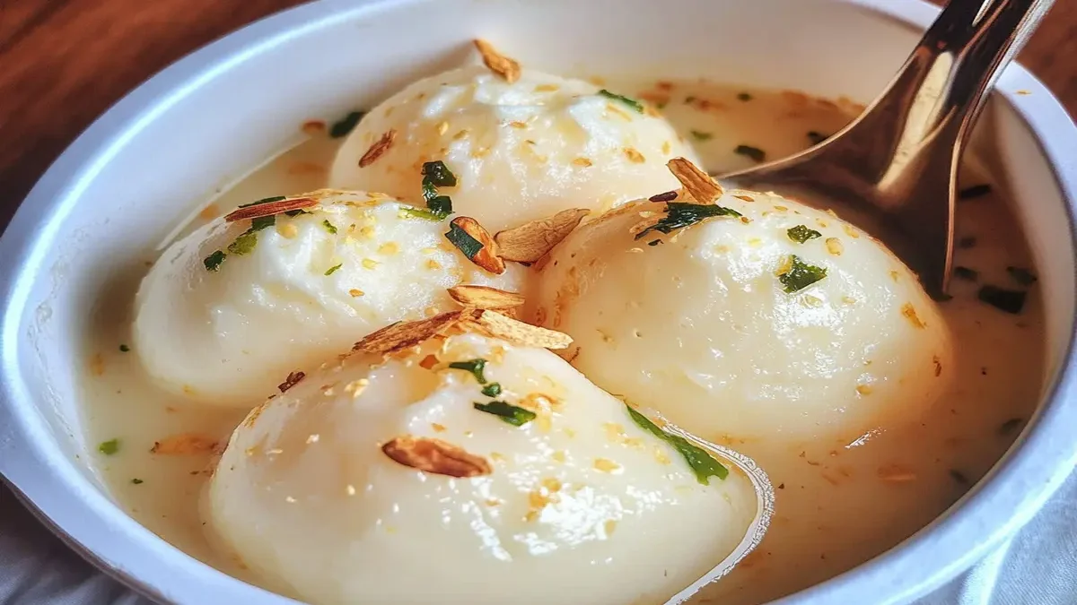 A close-up of Rasgulla Macapuno, a creamy fusion dessert made with Indian rasgulla and Filipino macapuno, served on a decorative plate with fresh fruit garnish.