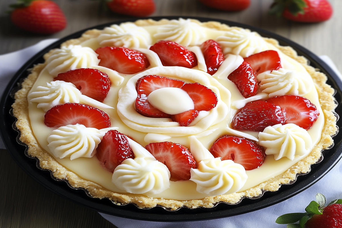 A deliciously creamy white chocolate strawberry tart with fresh strawberry slices and a buttery, golden crust, elegantly garnished with mint leaves.