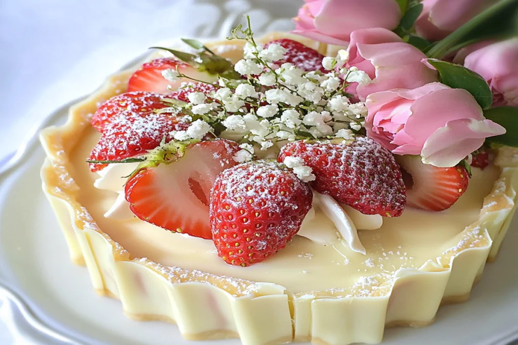 A deliciously creamy white chocolate strawberry tart with fresh strawberry slices and a buttery, golden crust, elegantly garnished with mint leaves.