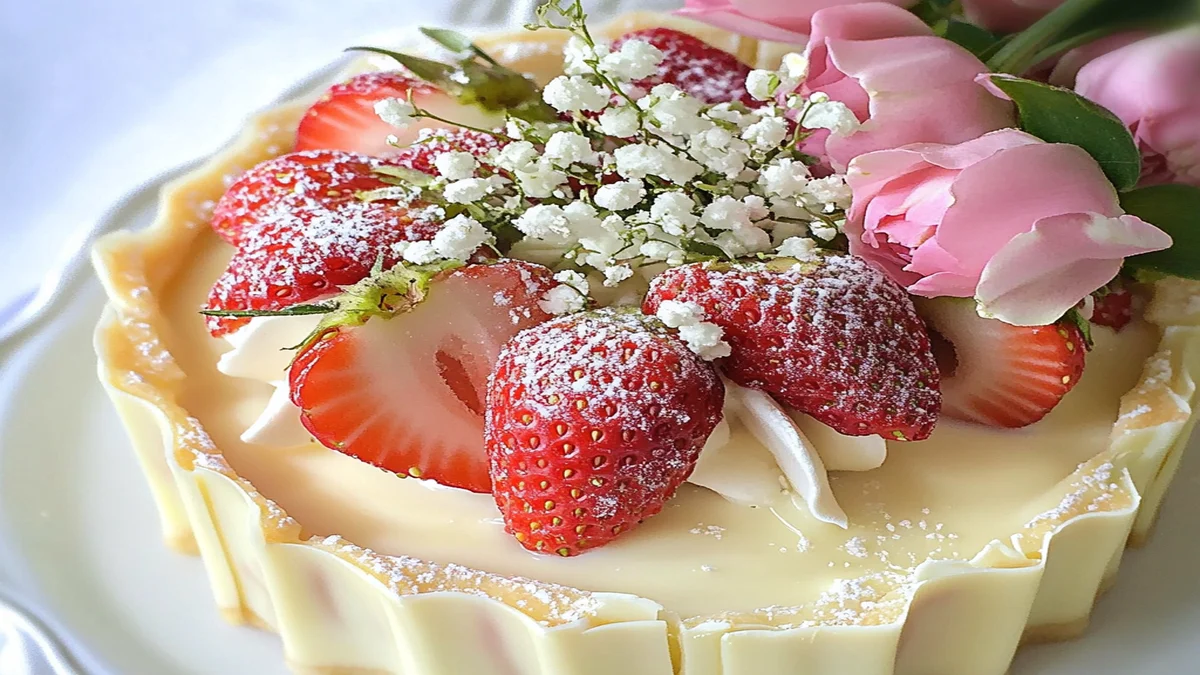 A deliciously creamy white chocolate strawberry tart with fresh strawberry slices and a buttery, golden crust, elegantly garnished with mint leaves.