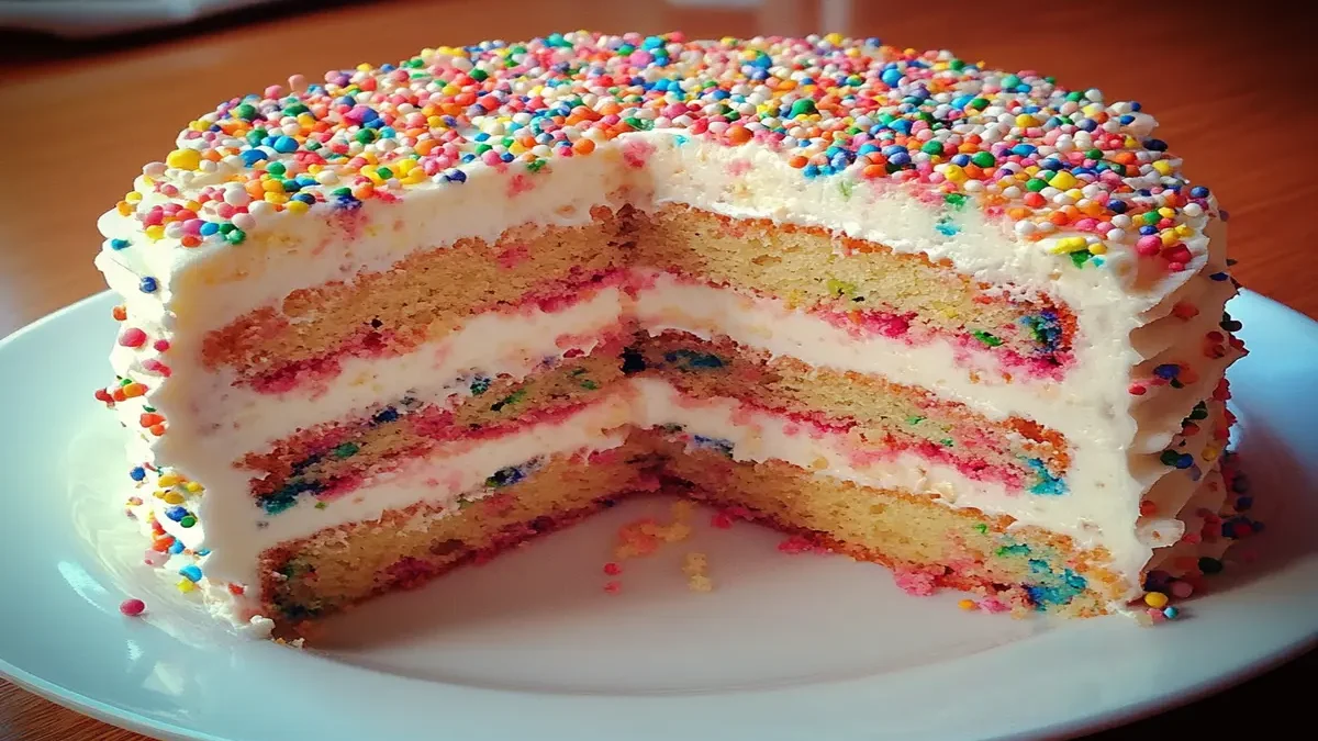 A beautifully decorated Funfetti Layered Cake with vibrant rainbow sprinkles embedded in fluffy vanilla cake layers, topped with creamy frosting and extra sprinkles for a festive touch.