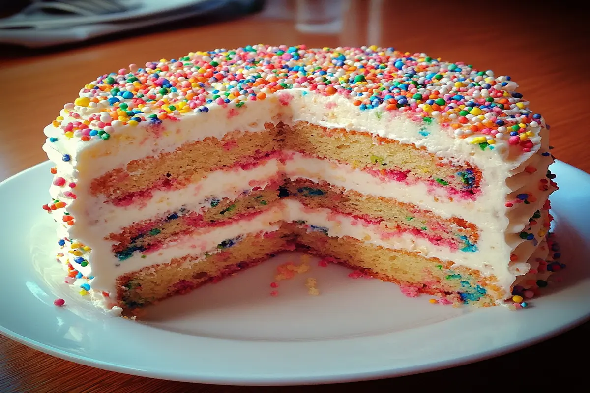 A beautifully decorated Funfetti Layered Cake with vibrant rainbow sprinkles embedded in fluffy vanilla cake layers, topped with creamy frosting and extra sprinkles for a festive touch.