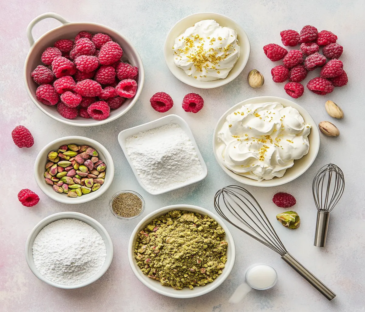 A beautifully arranged selection of ingredients for Pistachio & Raspberry Cheesecake Domes, including fresh raspberries, creamy pistachio paste, white chocolate, cream cheese, digestive biscuits, powdered sugar, heavy cream, and edible gold leaf, displayed on a marble countertop.