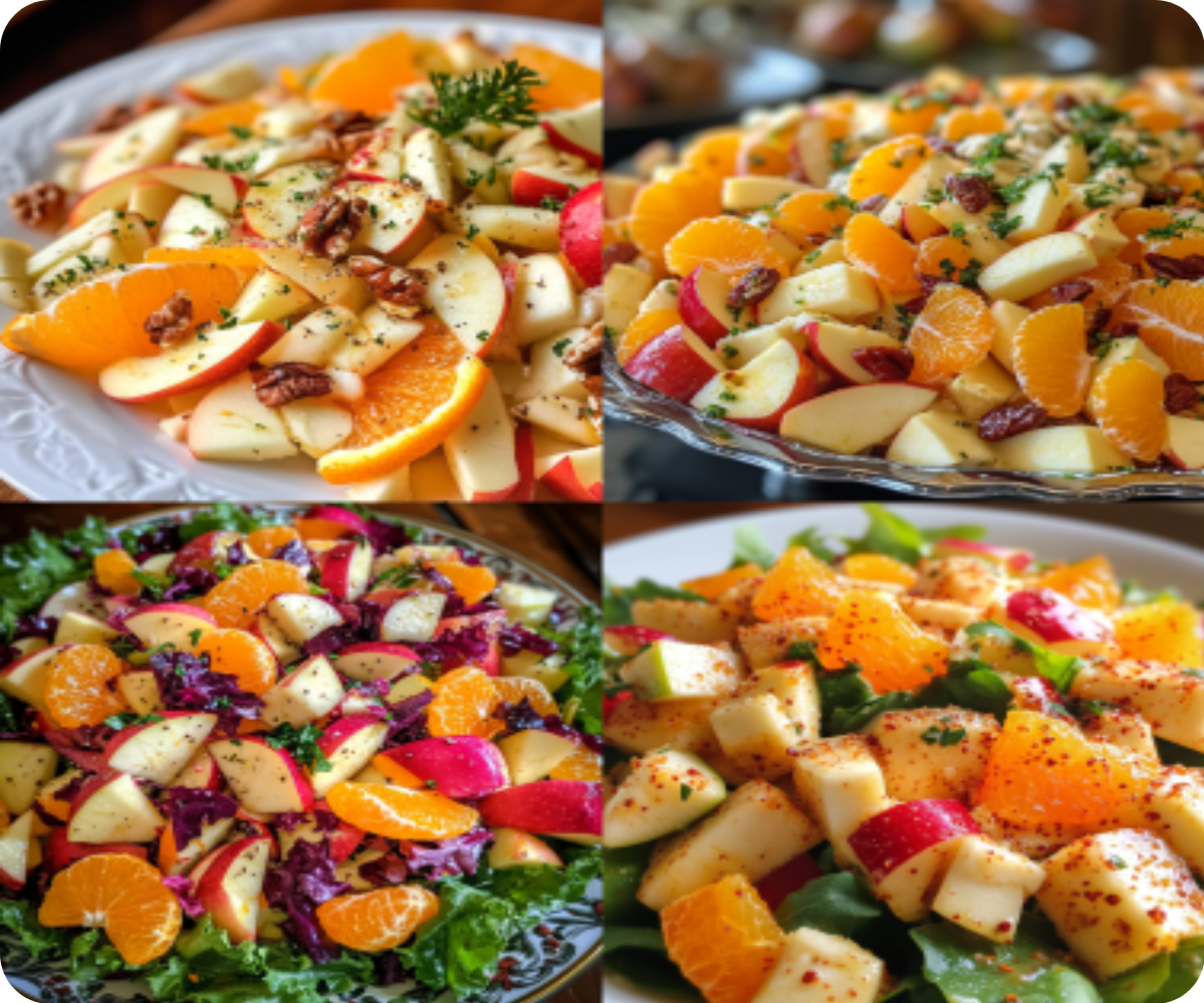 A colorful Thanksgiving salad featuring sliced apples, juicy orange segments, mixed greens, toasted nuts, and crumbled cheese, drizzled with honey-orange vinaigrette.