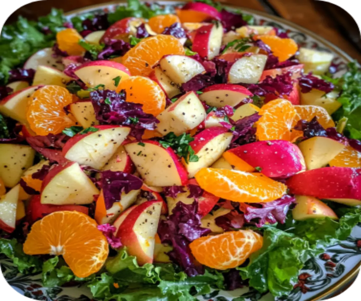 A colorful Thanksgiving salad featuring sliced apples, juicy orange segments, mixed greens, toasted nuts, and crumbled cheese, drizzled with honey-orange vinaigrette