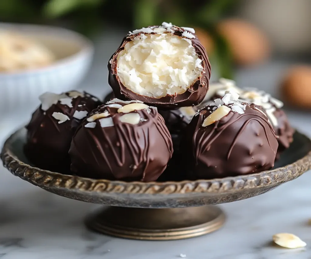 Homemade Coconut Almond Truffles arranged on a parchment-lined tray with a sprinkle of shredded coconut and crushed almonds.