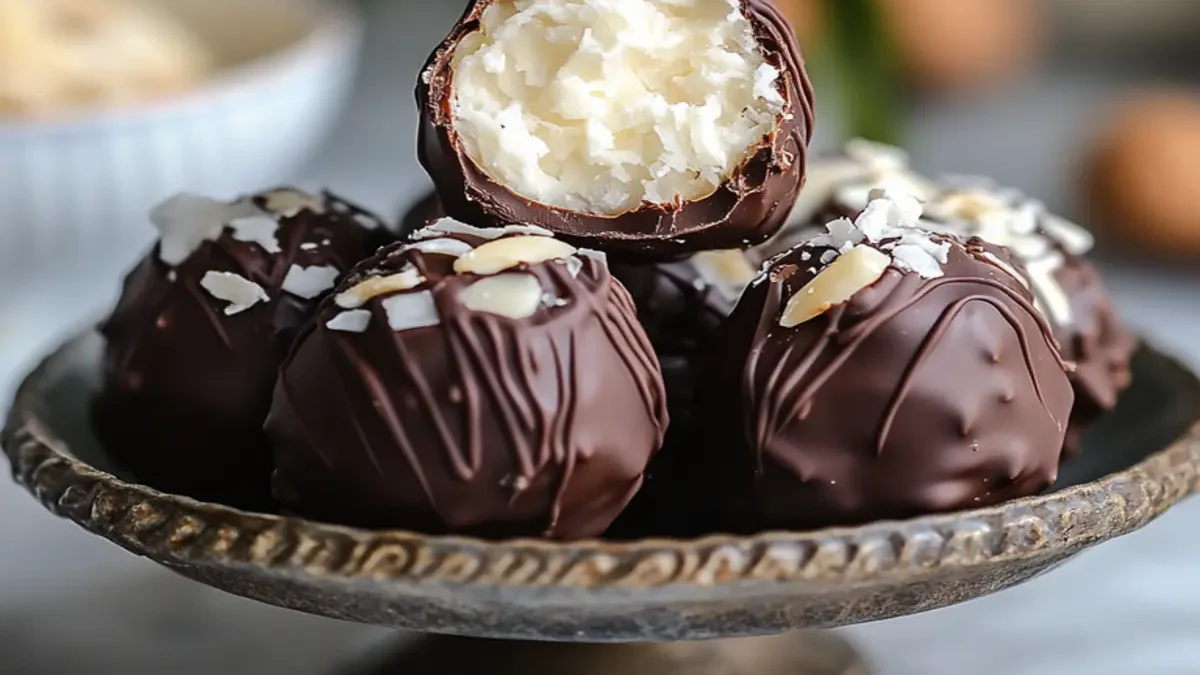 Homemade Coconut Almond Truffles arranged on a parchment-lined tray with a sprinkle of shredded coconut and crushed almonds.