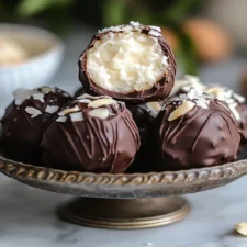 Homemade Coconut Almond Truffles arranged on a parchment-lined tray with a sprinkle of shredded coconut and crushed almonds.