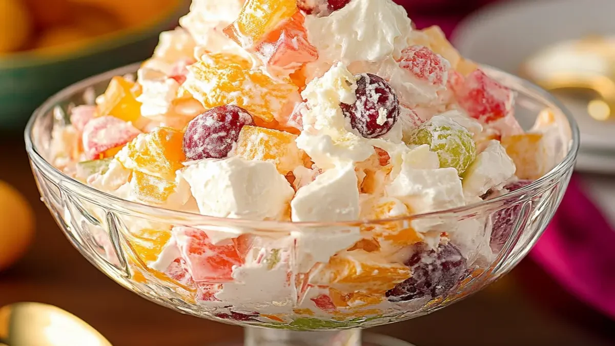 Alt Text: A vibrant display of ingredients for Holiday Ambrosia Salad, including canned mandarin oranges, pineapple chunks, maraschino cherries, mini marshmallows, shredded coconut, and a creamy dressing in separate bowls, ready to be mixed.