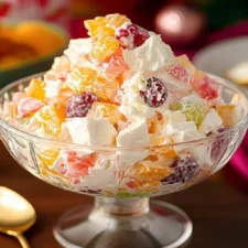 Alt Text: A vibrant display of ingredients for Holiday Ambrosia Salad, including canned mandarin oranges, pineapple chunks, maraschino cherries, mini marshmallows, shredded coconut, and a creamy dressing in separate bowls, ready to be mixed.