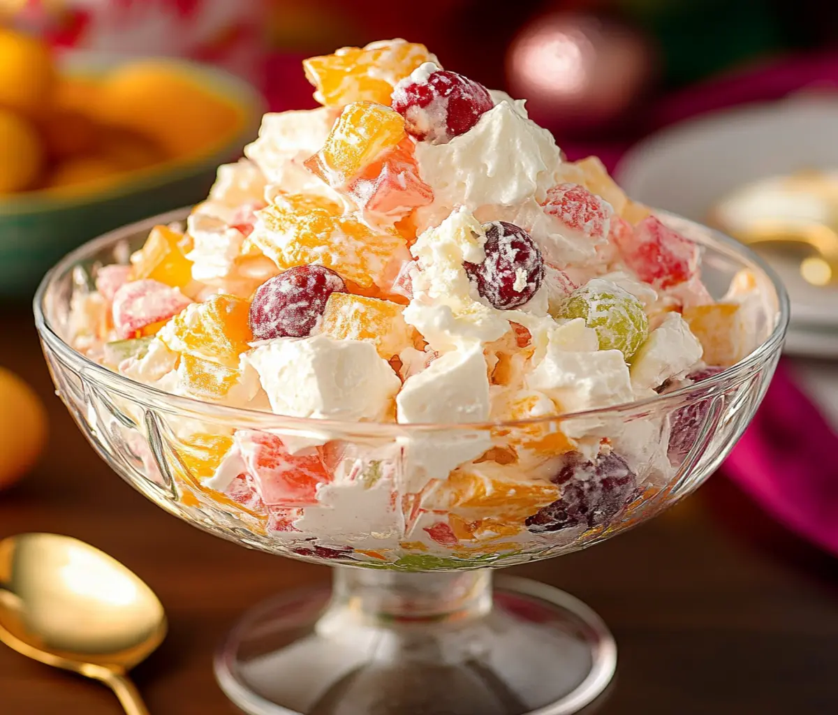 Alt Text: A vibrant display of ingredients for Holiday Ambrosia Salad, including canned mandarin oranges, pineapple chunks, maraschino cherries, mini marshmallows, shredded coconut, and a creamy dressing in separate bowls, ready to be mixed.