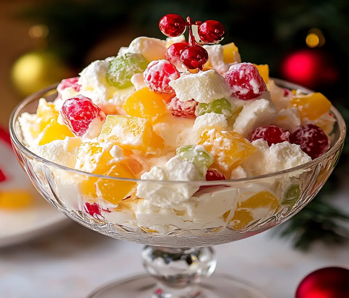 A vibrant display of ingredients for Holiday Ambrosia Salad, including canned mandarin oranges, pineapple chunks, maraschino cherries, mini marshmallows, shredded coconut, and a creamy dressing in separate bowls, ready to be mixed.